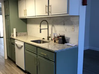Green cabinet kitchen with granite counters and dishwasher