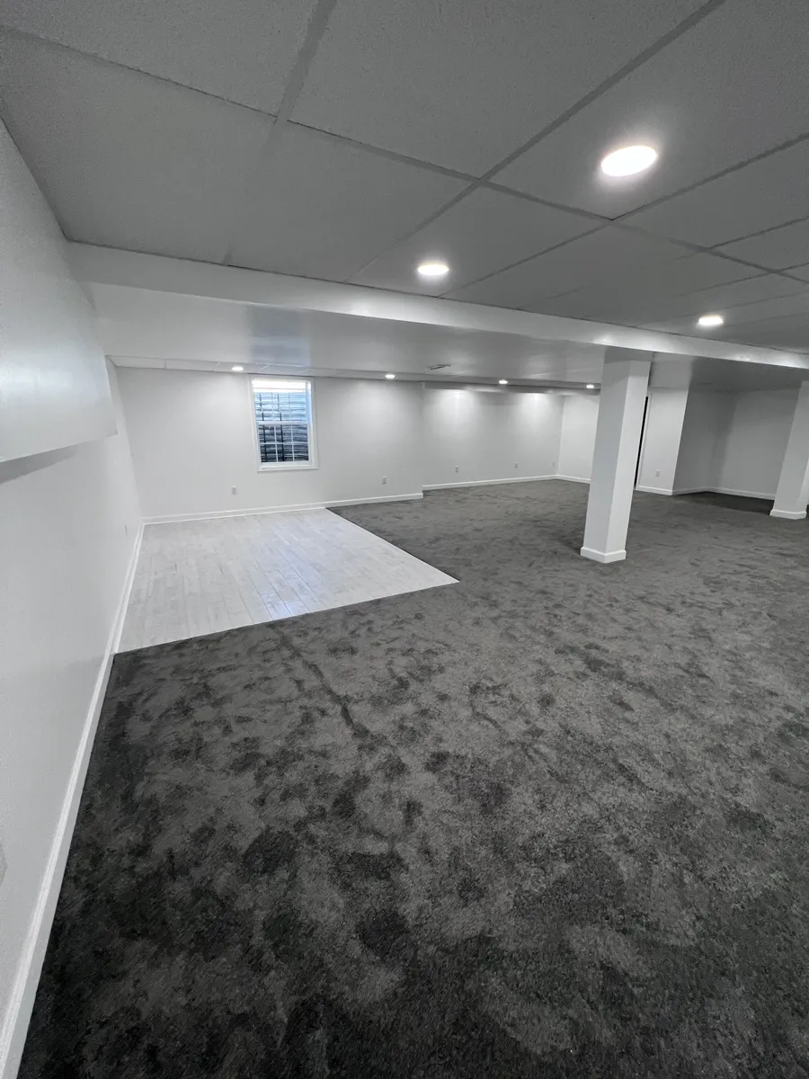 Finished basement with gray carpet and small window
