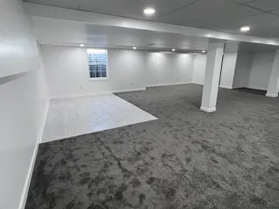Finished basement with gray carpet and small window