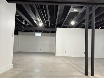 basement interior with black painted ceiling joists and ductwork