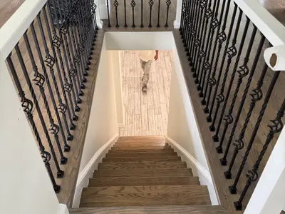 Hardwood staircase with wrought iron balusters down view