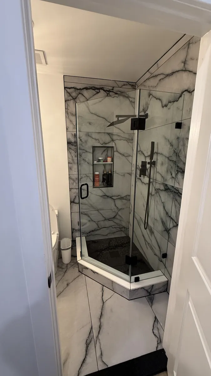 Primary bath with marble walk-in shower